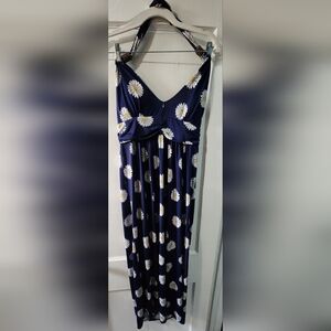 Blue and White Sleeveless Halter Maxi Dress